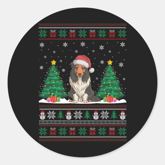 Adesivo Santa Hat Bearded Collie Dog Xmas Tree Luzes Feias (Frente)