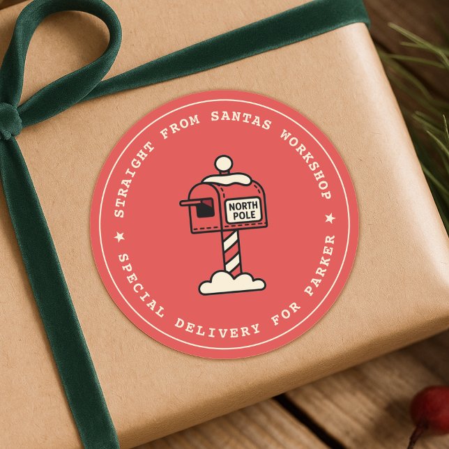 Adesivo Santas Workshop Sticker | North Pole Delivery (Playful mailbox illustration gift stickers for a special delivery straight from Santa's workshop)
