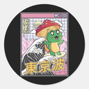 Adesivo Sapo Com Cogumelo Surfando Onda Japonesa Kawaii Co