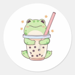 Adesivo Sapo Kawaii Chibi Abraçando Xícara de Bubble Tea