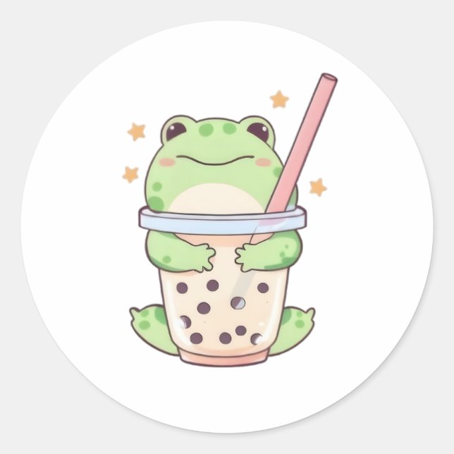 Adesivo Sapo Kawaii Chibi Abraçando Xícara de Bubble Tea (Frente)