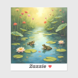Adesivo Sapos felizes em um lago bonito com flores