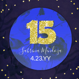 Adesivo Sapphire Blue Quinceanera Dourado #15 Round Sticke