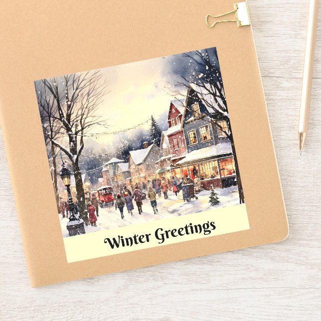 Adesivo Saudações de Inverno, rua da cidade nevada, (Notebook)