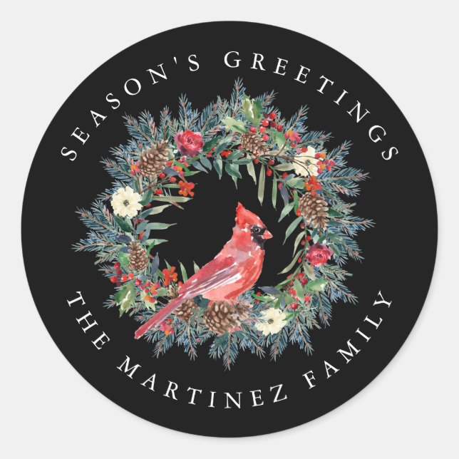 Adesivo Saudações do Cardeal Vermelho Pine Wreath Season (Frente)