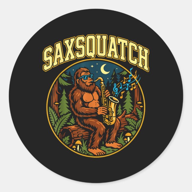 Adesivo Saxsquatch Bigfoot Saxophone Player Jazz Music Hum (Frente)