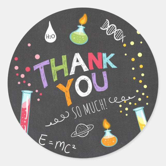 Adesivo Science Sticker Obrigado Birthday Favor tag Lab (Frente)