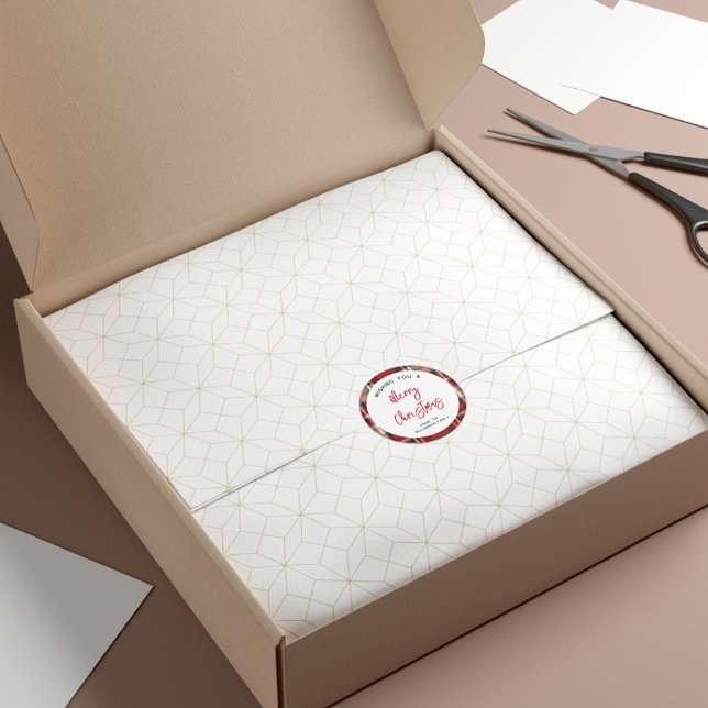 Adesivo Script de Natal Merry da Xadrez Vermelha Personali (Rustic Plaid Script Christmas Holidays Family Favors Stickers)