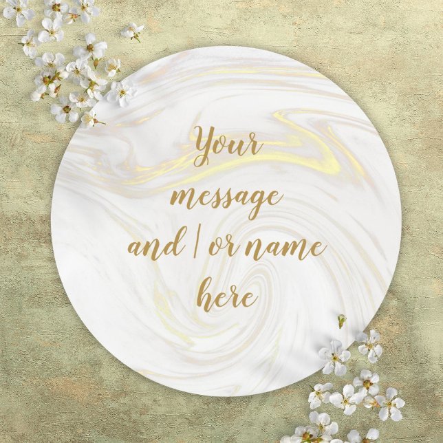 Adesivo Script Dourado Personalizado Simples de Marble Ele (Simple Elegant Marble Personalized Gold Script Classic Round Sticker)
