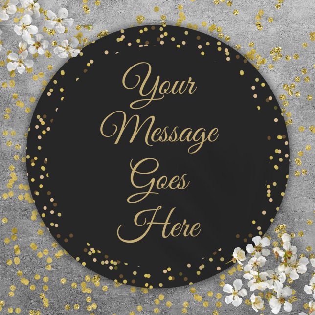 Adesivo Script Elegante de Poeira Dourada Preta (Black Gold Dust Elegant Script Classic Round Sticker)