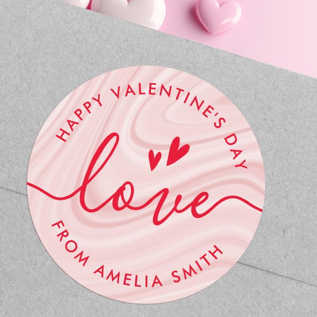 Adesivo script elegante dia de os namorados pincel rosa e  (Valentine's Day elegant script blush pink and red Classic Round Sticker)