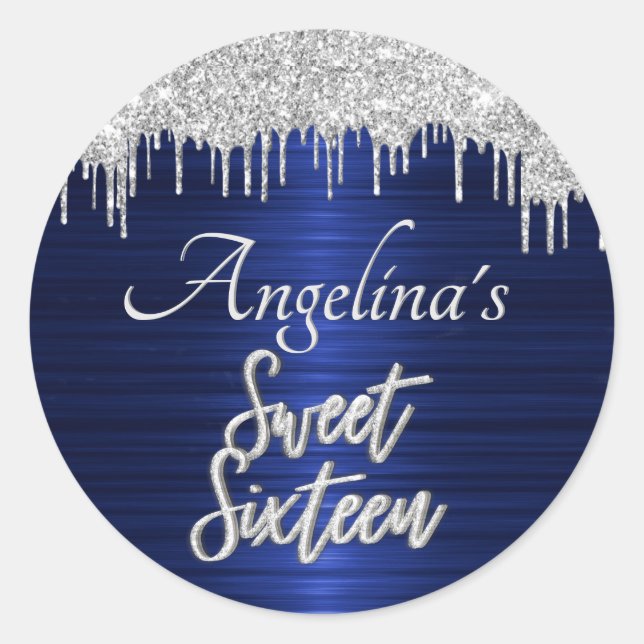 Adesivo Script Sweet 16 Birthday Silver Glitter Blue (Frente)