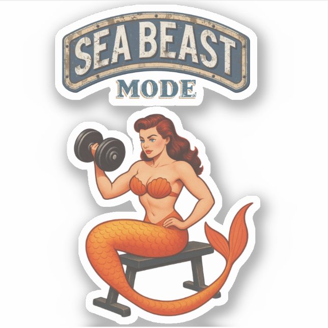 Adesivo Sea Beast Mode Mermaid - Retro Pin-Up Gym Fitness (Frente)