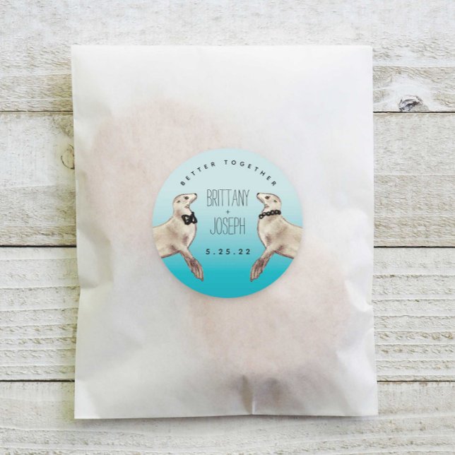 Adesivo Sea Lions Blue Modern Wedn Round Clássica (Criador carregado)