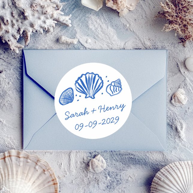 Adesivo Seashells Beach Wedding Blue White CUSTOM  (Seashells Beach Wedding Blue White CUSTOM Classic Round Sticker
)