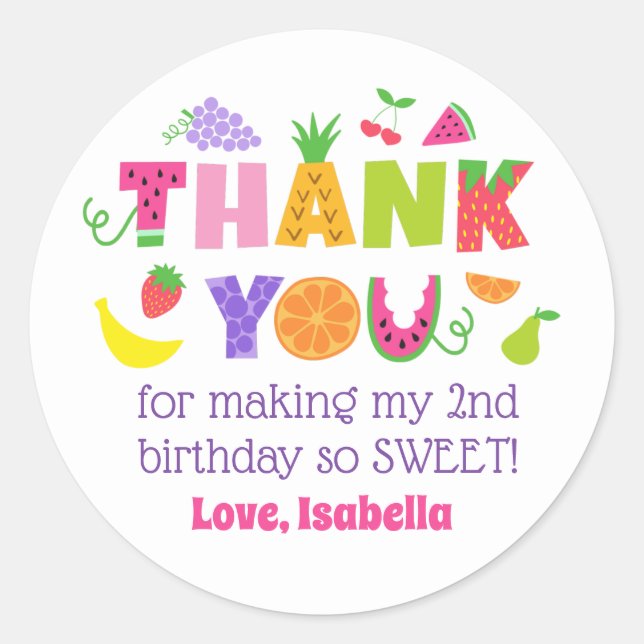 Adesivo SEGUNDO ANIVERSÁRIO TWOtti Frutti Muito Obrigado (Frente)