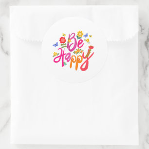 Adesivo Seja Feliz – Floral Colorido e Borboleta Boho