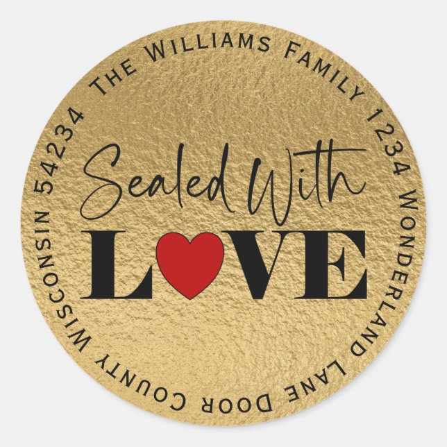 Adesivo Selado Com Amor Círculo de Folha de Ouro Endereço  (Frente)