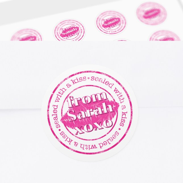 Adesivo Selado com um selo de envelope de Lábios rosados q (Sealed with a kiss stickers - just add your name)