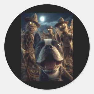 Adesivo Selfie de Boston Terrier com Espantalhos Assustado