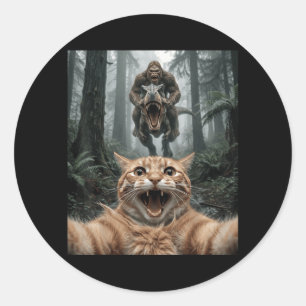 Adesivo Selfie de Gato Engraçado Bigfoot Montando T Rex Fl