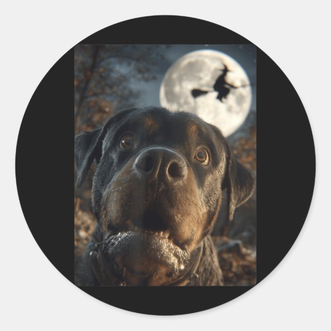 Adesivo Selfie Engraçado de Rottweiler Lua Cheia Bruxa Voa (Frente)
