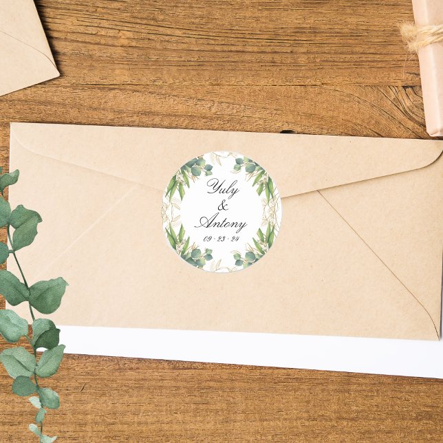 Adesivo Selo Botânico Dourado de Eucalipto Verde (Stickers Set Green Botanical Plants for wedding envelopes)