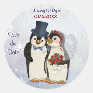 Adesivo Selo de Casamento de Pinguim - Salve a Data