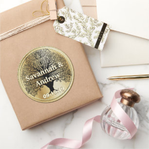 Adesivo Selo de Casamento Dourado da Árvore Negra Elegante