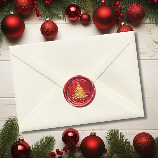 Adesivo Selo de Cera Falsa Árvore de Natal Dourada em Verm (Red Gold Christmas Tree Faux Wax Envelope Seal )