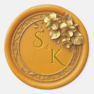 Adesivo Selo de Cera Floral com Monograma Dourado para Cas