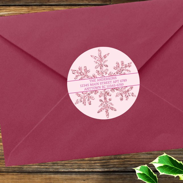 Adesivo Selo de Cera Rosa Glam Chic Rústico Floco de Neve (Use these pink snowflake stickers as combo address labels and envelope seals or add your own text)