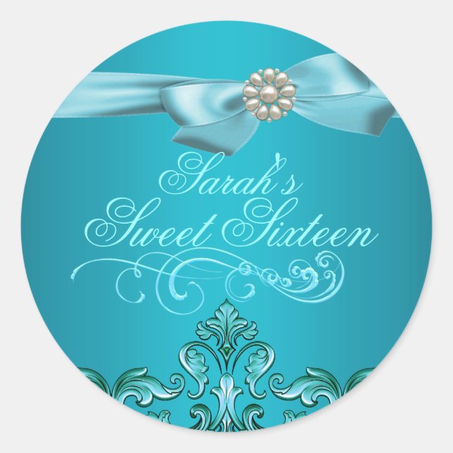 Adesivo Selo de envelope Blue Damask & Bow Sweet 16 (Frente)