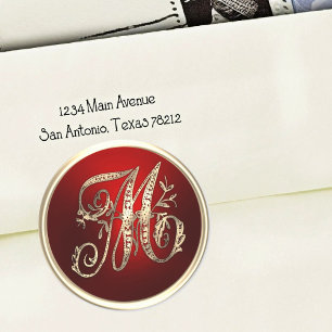 Adesivo Selo de Envelope Monograma M Dourado e Vermelho