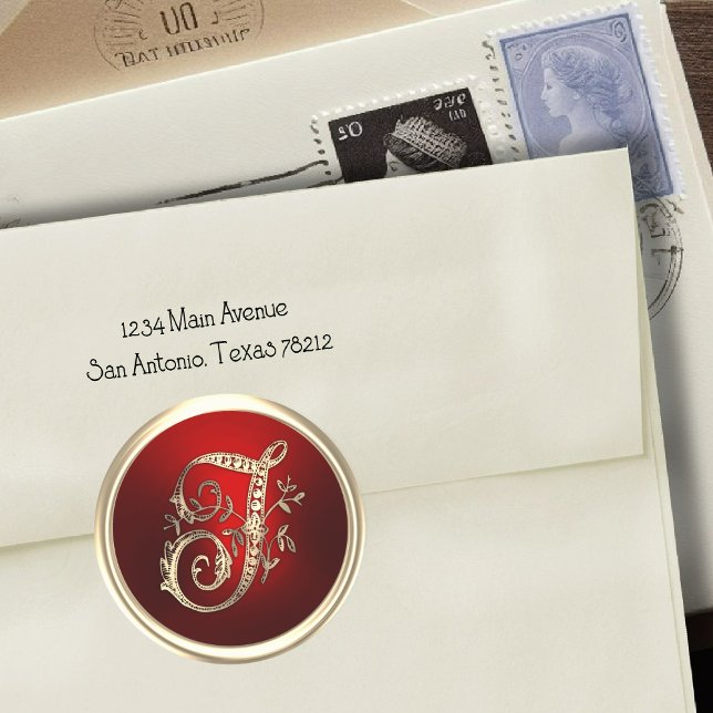 Adesivo Selo de Envelope T Monograma Dourado e Vermelho (Criador carregado)