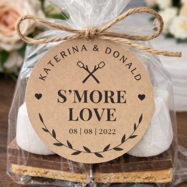 Adesivo Selo de Favor de Casamento Rustic Kraft S'more Lov (Rustic S’more Love Favor Tags for Wedding or Bridal Shower Treat Bags)