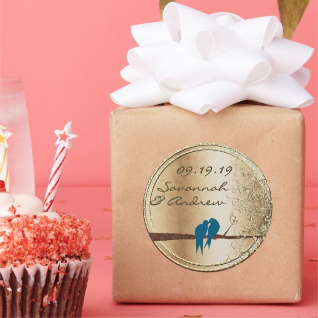 Adesivo Selo Dourado de Casamento de Pássaro Teal Love (Festa)