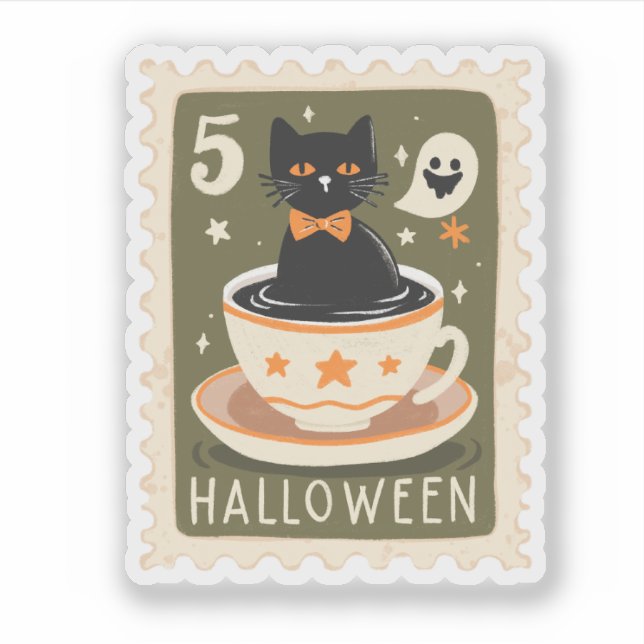 Adesivo Selo Gato Preto Vintage no Halloween em Xícara (Frente)