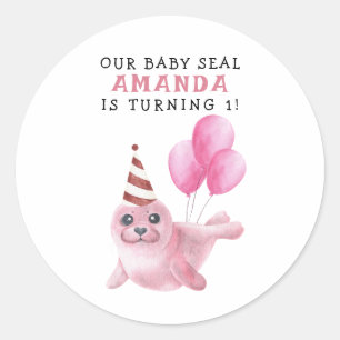 Adesivo Selo Rosa Aniversário de 1 ano Sob o Mar