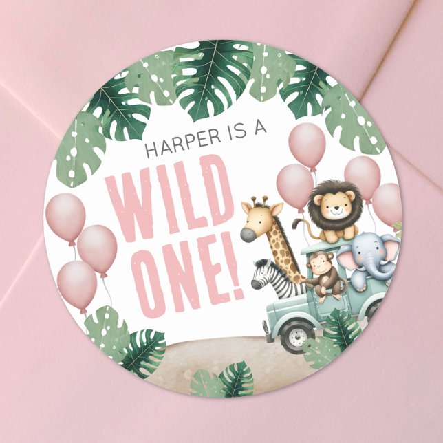 Adesivo Selvagem Rosa Safari 1º Aniversário (Wild One Pink Safari 1st Birthday Classic Round Sticker)