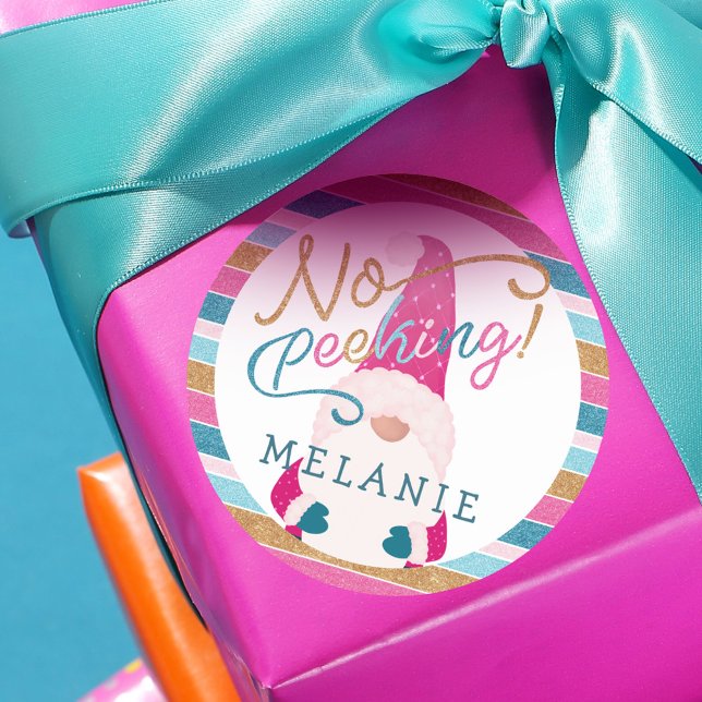 Adesivo Sem Glitter Brilhante Brilhante Gnomo Papai Noel (No Peeking Bright Glitter Stripe Gnome Santa Claus Classic Round Sticker)