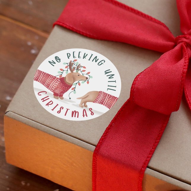 Adesivo Sem Pequim Até O Natal | Suéter De Cão De Dachshun (No Peeking Until Christmas | Dachshund Dog Sweater Classic Round Sticker)