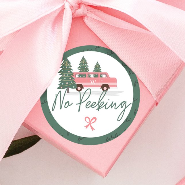 Adesivo Sem Pequim, Vintage Pink, Van de Natal (No Peeking Vintage Pink Christmas Van Classic Round Sticker)