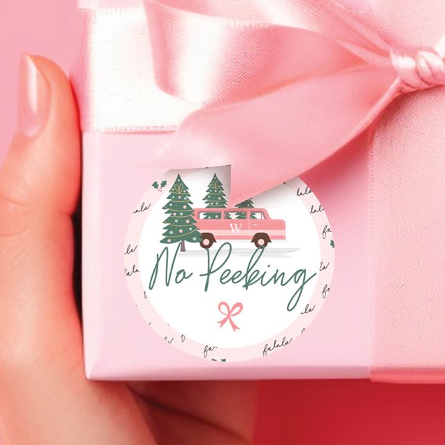 Adesivo Sem Pequim, Vintage Pink, Van de Natal (No Peeking Vintage Pink Christmas Van Classic Round Sticker)
