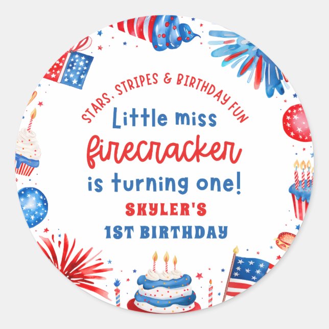 Adesivo Senhorita Firecracker 4 de julho primeiro aniversa (Frente)