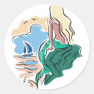 Adesivo sereia bonita sentada na rocha