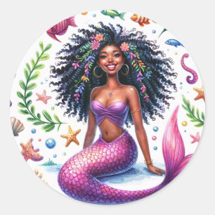 Adesivo Sereia de Pele Escura com Cauda Rosa