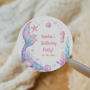 Adesivo Sereia Rosa Dourado Sob o Mar Aniversário Clássico