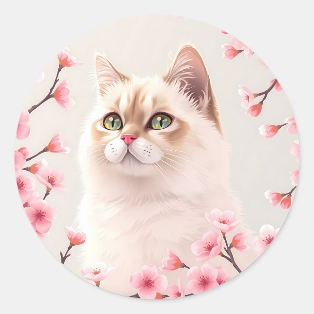 Adesivo Serene Birman Cat Portrait Com Blossomas De Cereja (Frente)
