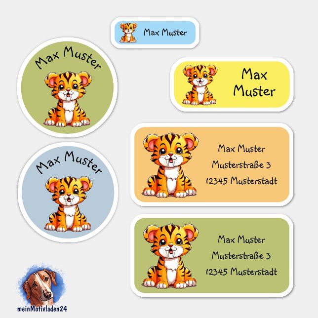 Adesivo Set - 24 Namensaufkleber Kleiner Säbelzahntiger | (Namensaufkleber Set für Kinder - Kleiner Säbelzahntiger bunt - 24 teilig, personalisierbar )